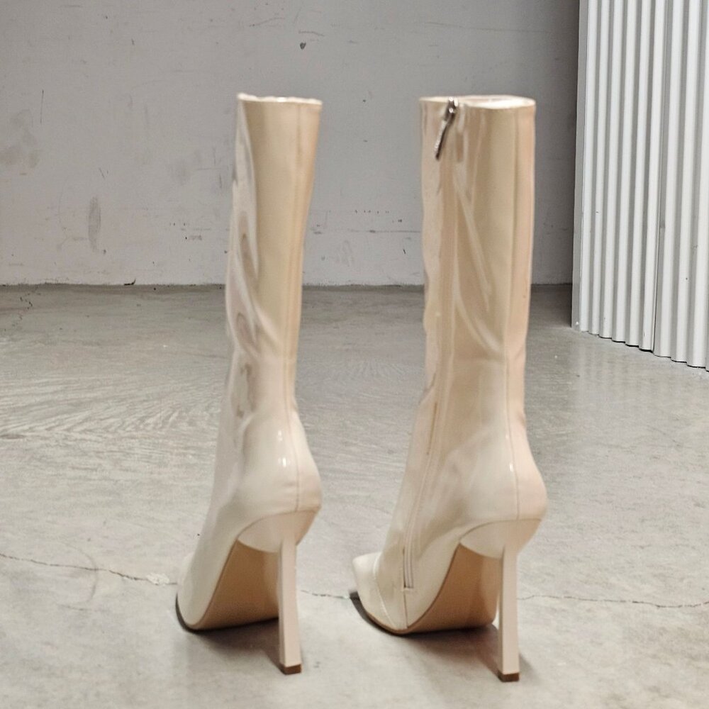 Off White Patent Leather Knee-High Stiletto Heel Boots With Side Zippers Square - Picture 5 of 6